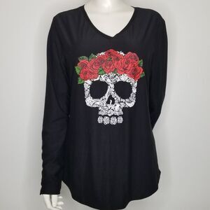 No Boundries Floral Skull Black V Neck‎ Long Sleeve Stretchy Top XXXL